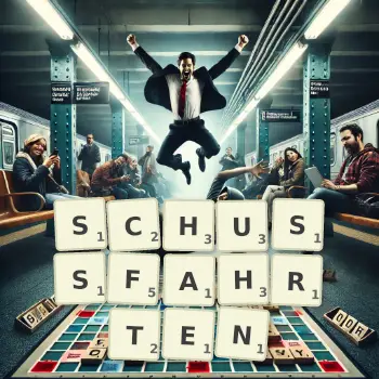 Kreative Illustration für ein Scrabble-Spiel, bei dem das Wort SCHUSSFAHRTEN mit Steinen auf dem Brett gelegt wurde.
