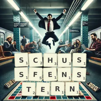 Kreative Illustration für ein Scrabble-Spiel, bei dem das Wort SCHUSSFENSTERN mit Steinen auf dem Brett gelegt wurde.