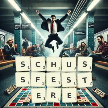 Kreative Illustration für ein Scrabble-Spiel, bei dem das Wort SCHUSSFESTERE mit Steinen auf dem Brett gelegt wurde.
