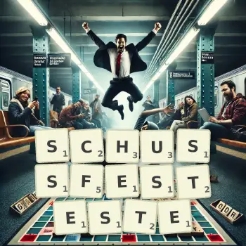 Kreative Illustration für ein Scrabble-Spiel, bei dem das Wort SCHUSSFESTESTE mit Steinen auf dem Brett gelegt wurde.