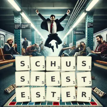 Kreative Illustration für ein Scrabble-Spiel, bei dem das Wort SCHUSSFESTESTER mit Steinen auf dem Brett gelegt wurde.