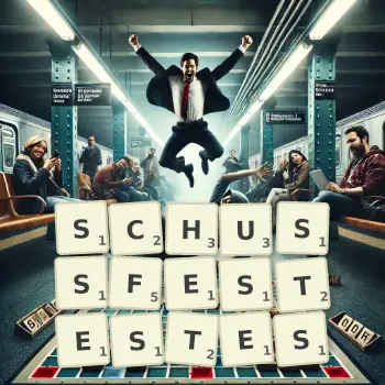 Kreative Illustration für ein Scrabble-Spiel, bei dem das Wort SCHUSSFESTESTES mit Steinen auf dem Brett gelegt wurde.