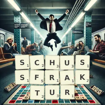 Kreative Illustration für ein Scrabble-Spiel, bei dem das Wort SCHUSSFRAKTUR mit Steinen auf dem Brett gelegt wurde.