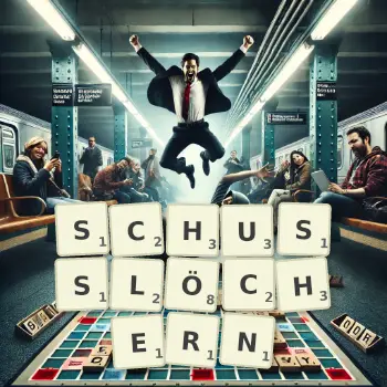 Kreative Illustration für ein Scrabble-Spiel, bei dem das Wort SCHUSSLÖCHERN mit Steinen auf dem Brett gelegt wurde.