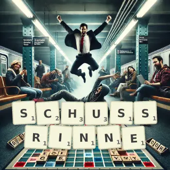 Kreative Illustration für ein Scrabble-Spiel, bei dem das Wort SCHUSSRINNE mit Steinen auf dem Brett gelegt wurde.