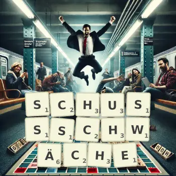 Kreative Illustration für ein Scrabble-Spiel, bei dem das Wort SCHUSSSCHWÄCHE mit Steinen auf dem Brett gelegt wurde.