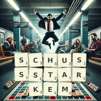 Kreative Illustration für ein Scrabble-Spiel, bei dem das Wort SCHUSSSTARKEM mit Steinen auf dem Brett gelegt wurde.