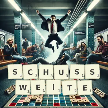 Kreative Illustration für ein Scrabble-Spiel, bei dem das Wort SCHUSSWEITE mit Steinen auf dem Brett gelegt wurde.