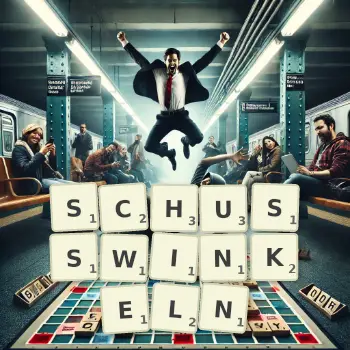Kreative Illustration für ein Scrabble-Spiel, bei dem das Wort SCHUSSWINKELN mit Steinen auf dem Brett gelegt wurde.