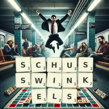 Kreative Illustration für ein Scrabble-Spiel, bei dem das Wort SCHUSSWINKELS mit Steinen auf dem Brett gelegt wurde.