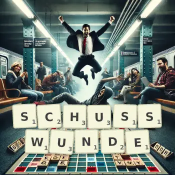 Kreative Illustration für ein Scrabble-Spiel, bei dem das Wort SCHUSSWUNDE mit Steinen auf dem Brett gelegt wurde.