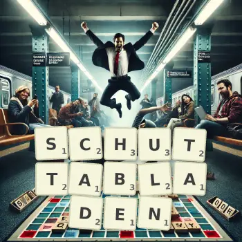 Kreative Illustration für ein Scrabble-Spiel, bei dem das Wort SCHUTTABLADEN mit Steinen auf dem Brett gelegt wurde.