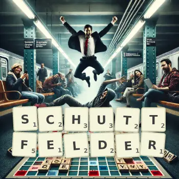 Kreative Illustration für ein Scrabble-Spiel, bei dem das Wort SCHUTTFELDER mit Steinen auf dem Brett gelegt wurde.