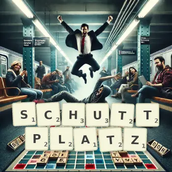Kreative Illustration für ein Scrabble-Spiel, bei dem das Wort SCHUTTPLATZ mit Steinen auf dem Brett gelegt wurde.