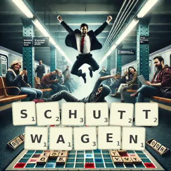 Kreative Illustration für ein Scrabble-Spiel, bei dem das Wort SCHUTTWAGEN mit Steinen auf dem Brett gelegt wurde.
