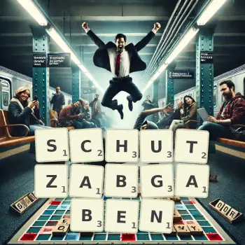 Kreative Illustration für ein Scrabble-Spiel, bei dem das Wort SCHUTZABGABEN mit Steinen auf dem Brett gelegt wurde.