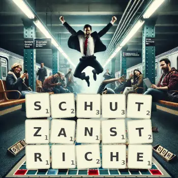 Kreative Illustration für ein Scrabble-Spiel, bei dem das Wort SCHUTZANSTRICHE mit Steinen auf dem Brett gelegt wurde.