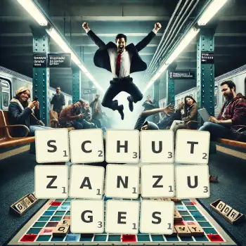 Kreative Illustration für ein Scrabble-Spiel, bei dem das Wort SCHUTZANZUGES mit Steinen auf dem Brett gelegt wurde.