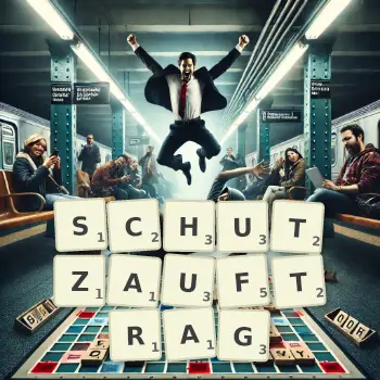 Kreative Illustration für ein Scrabble-Spiel, bei dem das Wort SCHUTZAUFTRAG mit Steinen auf dem Brett gelegt wurde.