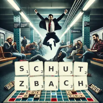 Kreative Illustration für ein Scrabble-Spiel, bei dem das Wort SCHUTZBACH mit Steinen auf dem Brett gelegt wurde.