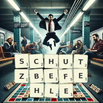 Kreative Illustration für ein Scrabble-Spiel, bei dem das Wort SCHUTZBEFEHLE mit Steinen auf dem Brett gelegt wurde.