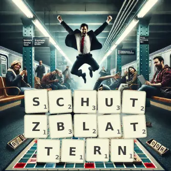 Kreative Illustration für ein Scrabble-Spiel, bei dem das Wort SCHUTZBLATTERN mit Steinen auf dem Brett gelegt wurde.