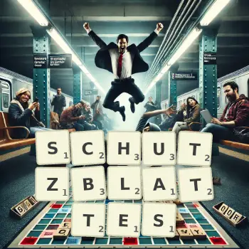 Kreative Illustration für ein Scrabble-Spiel, bei dem das Wort SCHUTZBLATTES mit Steinen auf dem Brett gelegt wurde.