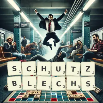 Kreative Illustration für ein Scrabble-Spiel, bei dem das Wort SCHUTZBLECHS mit Steinen auf dem Brett gelegt wurde.