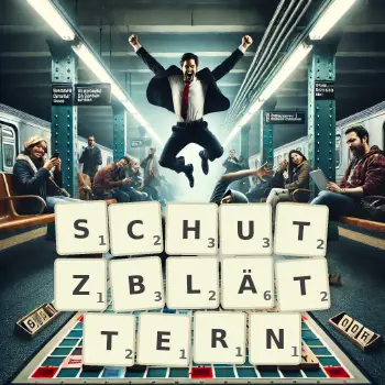 Kreative Illustration für ein Scrabble-Spiel, bei dem das Wort SCHUTZBLÄTTERN mit Steinen auf dem Brett gelegt wurde.