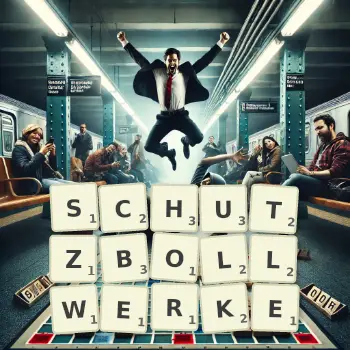 Kreative Illustration für ein Scrabble-Spiel, bei dem das Wort SCHUTZBOLLWERKE mit Steinen auf dem Brett gelegt wurde.
