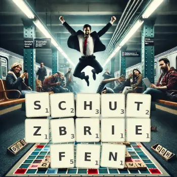 Kreative Illustration für ein Scrabble-Spiel, bei dem das Wort SCHUTZBRIEFEN mit Steinen auf dem Brett gelegt wurde.