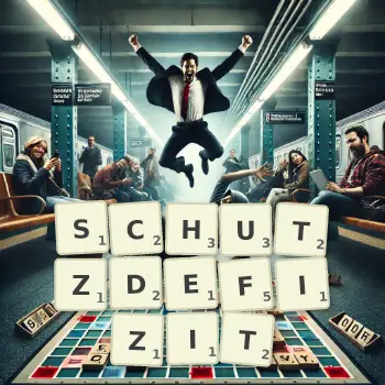 Kreative Illustration für ein Scrabble-Spiel, bei dem das Wort SCHUTZDEFIZIT mit Steinen auf dem Brett gelegt wurde.