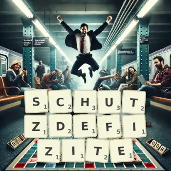 Kreative Illustration für ein Scrabble-Spiel, bei dem das Wort SCHUTZDEFIZITE mit Steinen auf dem Brett gelegt wurde.
