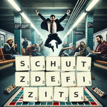 Kreative Illustration für ein Scrabble-Spiel, bei dem das Wort SCHUTZDEFIZITS mit Steinen auf dem Brett gelegt wurde.