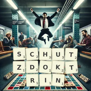 Kreative Illustration für ein Scrabble-Spiel, bei dem das Wort SCHUTZDOKTRIN mit Steinen auf dem Brett gelegt wurde.