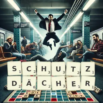 Kreative Illustration für ein Scrabble-Spiel, bei dem das Wort SCHUTZDÄCHER mit Steinen auf dem Brett gelegt wurde.