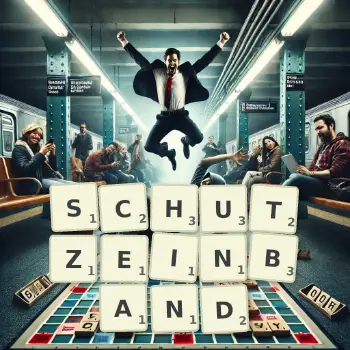 Kreative Illustration für ein Scrabble-Spiel, bei dem das Wort SCHUTZEINBAND mit Steinen auf dem Brett gelegt wurde.