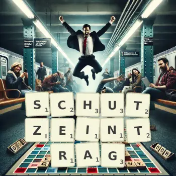 Kreative Illustration für ein Scrabble-Spiel, bei dem das Wort SCHUTZEINTRAG mit Steinen auf dem Brett gelegt wurde.