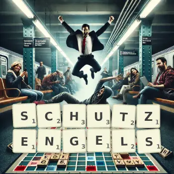 Kreative Illustration für ein Scrabble-Spiel, bei dem das Wort SCHUTZENGELS mit Steinen auf dem Brett gelegt wurde.