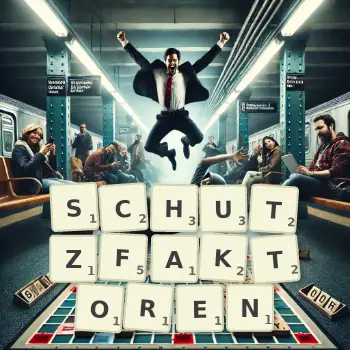 Kreative Illustration für ein Scrabble-Spiel, bei dem das Wort SCHUTZFAKTOREN mit Steinen auf dem Brett gelegt wurde.