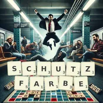 Kreative Illustration für ein Scrabble-Spiel, bei dem das Wort SCHUTZFARBE mit Steinen auf dem Brett gelegt wurde.