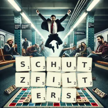 Kreative Illustration für ein Scrabble-Spiel, bei dem das Wort SCHUTZFILTERS mit Steinen auf dem Brett gelegt wurde.