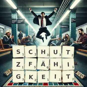 Kreative Illustration für ein Scrabble-Spiel, bei dem das Wort SCHUTZFÄHIGKEIT mit Steinen auf dem Brett gelegt wurde.