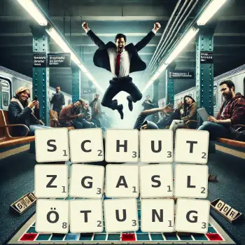 Kreative Illustration für ein Scrabble-Spiel, bei dem das Wort SCHUTZGASLÖTUNG mit Steinen auf dem Brett gelegt wurde.