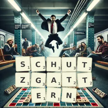 Kreative Illustration für ein Scrabble-Spiel, bei dem das Wort SCHUTZGATTERN mit Steinen auf dem Brett gelegt wurde.