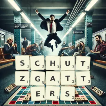 Kreative Illustration für ein Scrabble-Spiel, bei dem das Wort SCHUTZGATTERS mit Steinen auf dem Brett gelegt wurde.