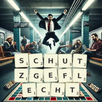 Kreative Illustration für ein Scrabble-Spiel, bei dem das Wort SCHUTZGEFLECHT mit Steinen auf dem Brett gelegt wurde.