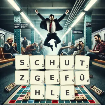 Kreative Illustration für ein Scrabble-Spiel, bei dem das Wort SCHUTZGEFÜHLE mit Steinen auf dem Brett gelegt wurde.