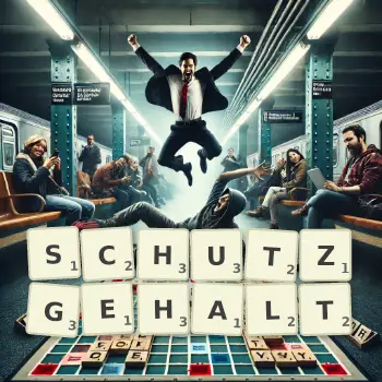 Kreative Illustration für ein Scrabble-Spiel, bei dem das Wort SCHUTZGEHALT mit Steinen auf dem Brett gelegt wurde.