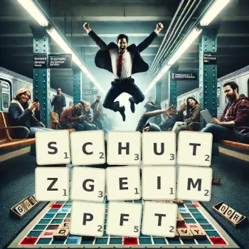 Kreative Illustration für ein Scrabble-Spiel, bei dem das Wort SCHUTZGEIMPFT mit Steinen auf dem Brett gelegt wurde.